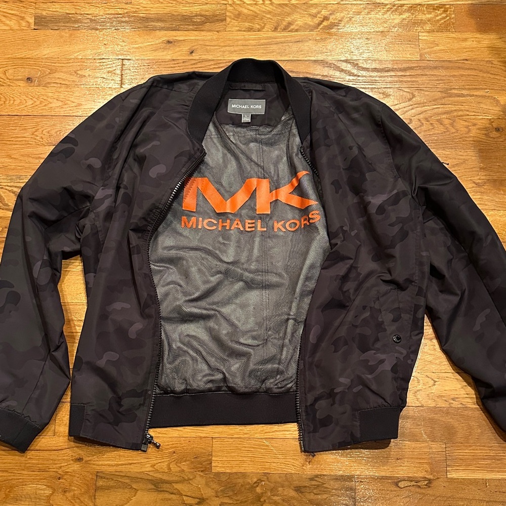 Michael Kors Black and Orange Camouflage Bomber Jacket